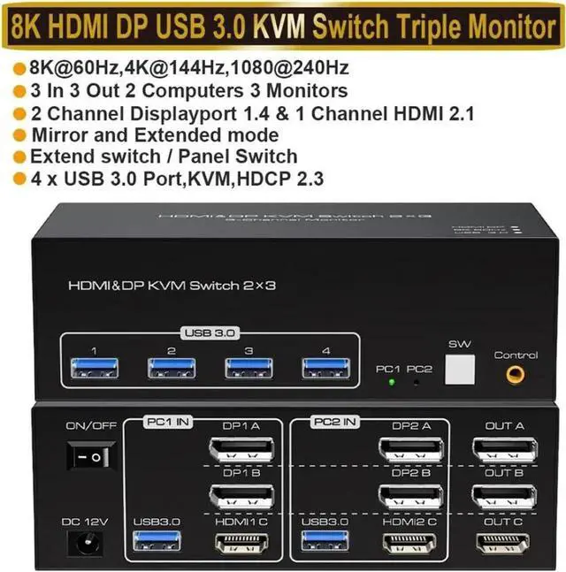 Main image of Vszerda 2-Port Triple Monitor KVM Switch (2DP+1HDMI), 8K@60Hz / 4K@144Hz, 4 USB3.0 Ports