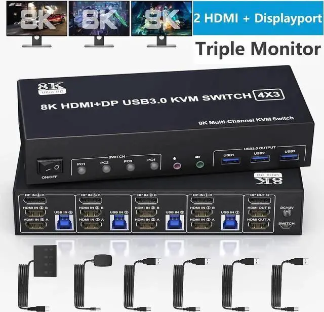 Main image of Vszerda 4-Port Triple Monitor KVM Switch (2HDMI+1DP), 8K@60Hz & 4K@144Hz, Audio + 3 USB3.0 Ports for 4 PCs