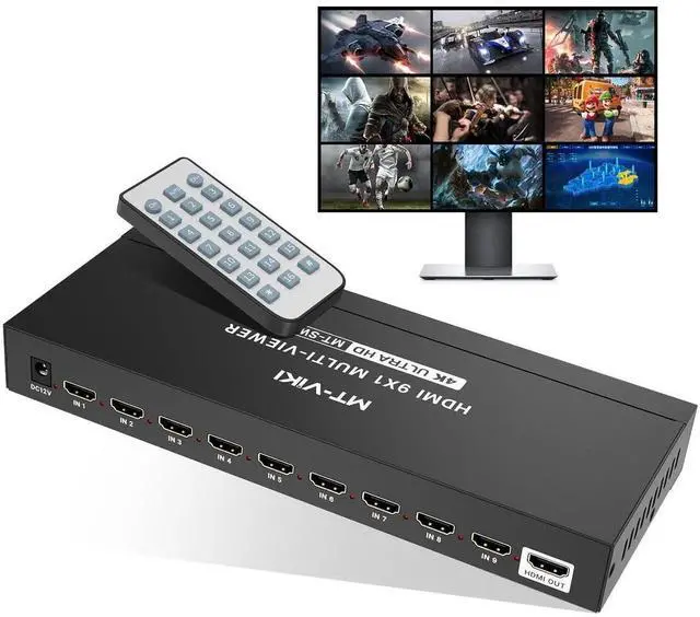 Main image of MT-VIKI 9x1 HDMI Multi-Viewer Seamless Switcher 9 in 1 Out with IR Remote Control, Supports 4K@30Hz, Multiple Split Display Modes, Multi-Screen Monitor Box for Security Cameras, PS4, PS5 & Game Consol