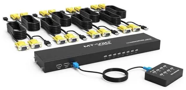 Main image of Vszerda MT-VIKI 8-Port 1U Rackmount VGA KVM Switch, 8-In-1-Out, with 8PCS 2-in-1 KVM Cables, Wired Desktop Selector & Power Adapter, Fits Standard 19-inch Rack