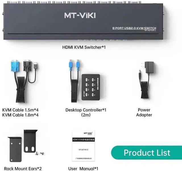 Alt view image 2 of 7 - Vszerda MT-VIKI 8-Port 1U Rackmount VGA KVM Switch, 8-In-1-Out, with 8PCS 2-in-1 KVM Cables, Wired Desktop Selector & Power Adapter, Fits Standard 19-inch Rack