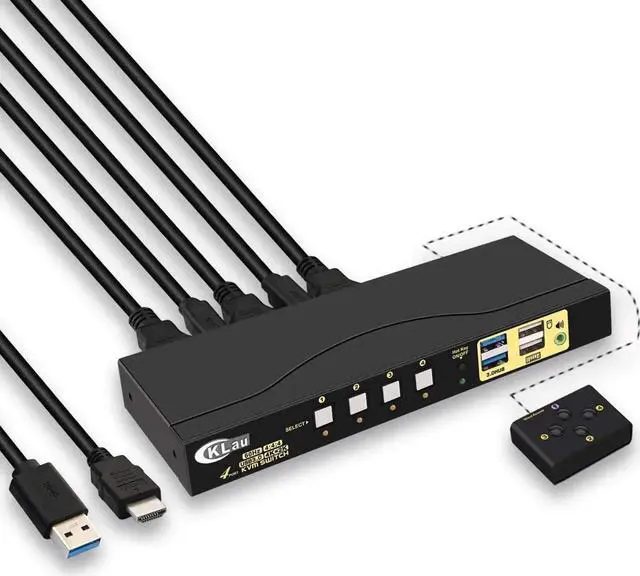 Main image of Vszerda 4-Port USB 3.0 HDMI KVM Switch 4K@60Hz with Cables, Dual USB3.0 Hubs & Audio, Compatible with Wireless Keyboard & Mouse