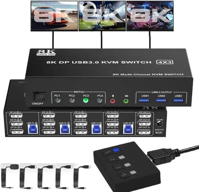 Main image of Vszerda 4-Port DP1.4 Triple Monitor USB3.0 KVM Switch, 8K, Audio & Mic + 3 USB3.0 Ports for 4 PCs 3 Screens