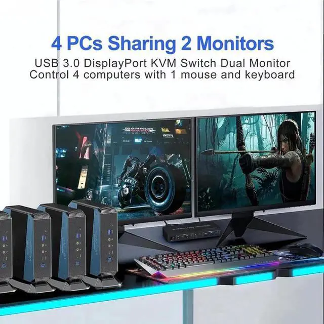 Alt view image 2 of 7 - Vszerda 4-Port DP1.4 Dual Monitor USB3.0 KVM Switch 4 In 2 Out, 8K@60Hz, Audio Output & 3 USB3.0 Ports