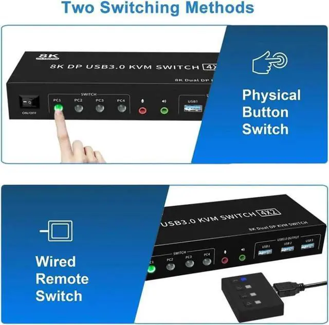 Alt view image 6 of 7 - Vszerda 4-Port DP1.4 Dual Monitor USB3.0 KVM Switch 4 In 2 Out, 8K@60Hz, Audio Output & 3 USB3.0 Ports