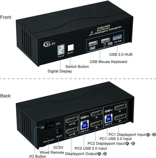 Alt view image 3 of 6 - Vszerda CKLau 2-Port DP1.4 Dual Monitor USB3.0 KVM Switch, 8K@30Hz & 4K@144Hz, Digital Display, All Cables Included for 2 PCs 2 Monitors