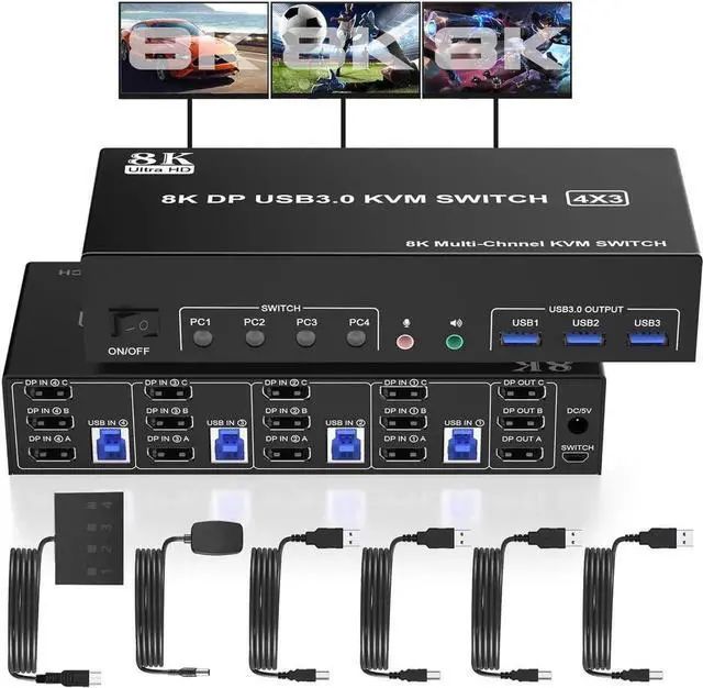 Main image of Vszerda 4-Port DP1.4 Triple Monitor USB3.0 KVM Switch, 8K with Audio & Mic + 3 USB3.0 Ports for 4 PCs 3 Displays