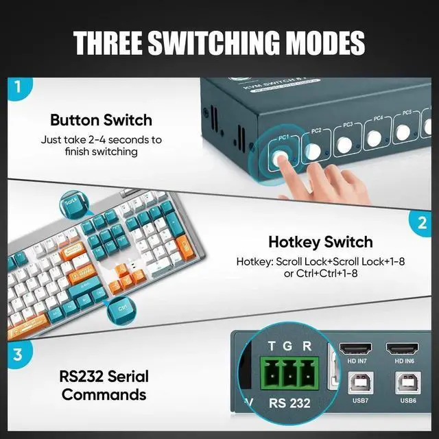 Alt view image 3 of 7 - Vszerda 8-Port Single HDMI USB2.0 KVM Switch, 4K@30Hz with EDID Adaptive Function