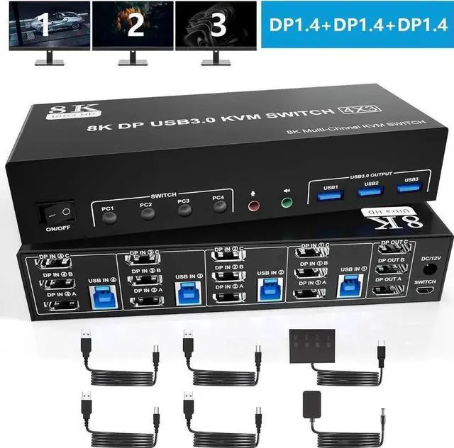 Main image of Vszerda 4-Port DP1.4 Triple Monitor USB3.0 KVM Switch, 8K@60Hz, Audio & Mic + 3 USB3.0 Ports for 4 PCs
