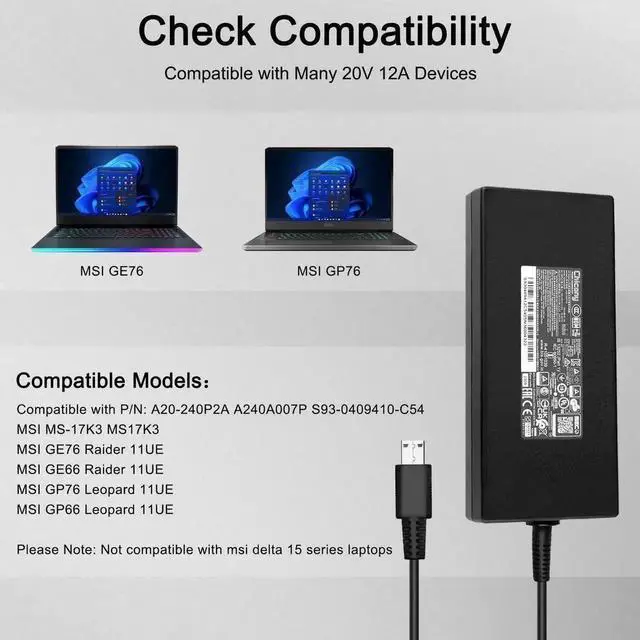 Alt view image 5 of 7 - Vszerda 240W USB Tip Gaming Laptop Charger A20-240P2A A240A007P S93-0409410-C54 for MSI GE76 GE66 GP76 GP66 GS77 MS-17K3, Not Compatible with Delta 15 Series & Not a Replacement for 280W Adapter