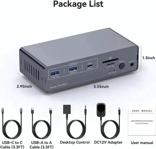 Alt view image 6 of 7 - Vszerda 13-in-1 USB-C Docking Station KVM Switch, Dual HDMI 4K@60Hz with EDID Emulation, for 1 Laptop + 1 Desktop PC Share 2 Monitors