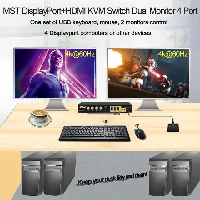 Alt view image 6 of 7 - Vszerda CKL 4-Port DP MST KVM Switch, 1 DP Input to 2 DP Outputs, 4 PCs Share 2 Monitors