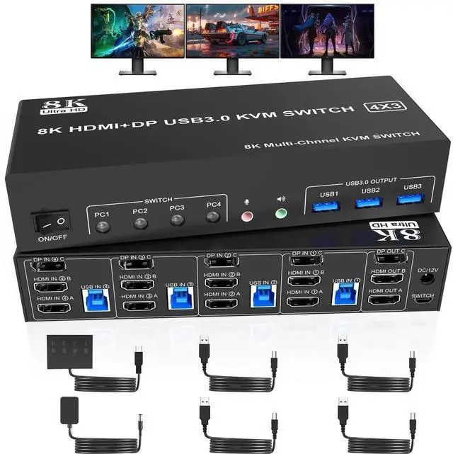 Main image of Vszerda 4-Port Triple Monitor KVM Switch (2×HDMI2.1+DP1.4), 8K@60Hz, USB3.0 with Audio & Mic, 4 PCs Share 3 Displays