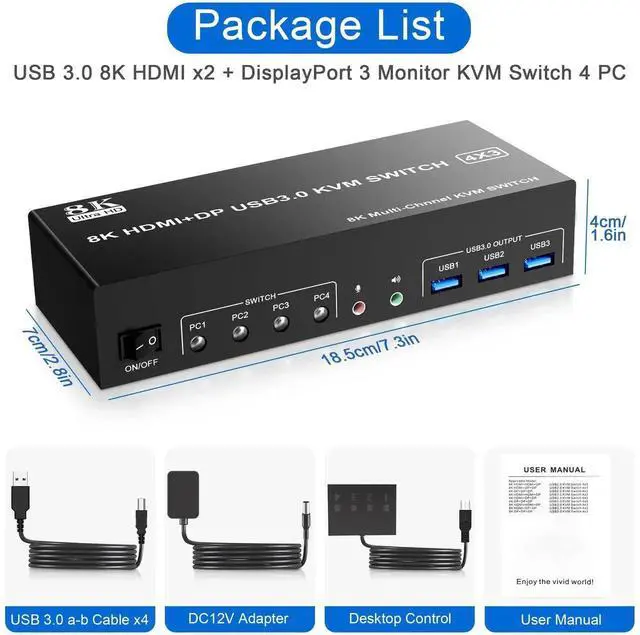 Alt view image 6 of 7 - Vszerda 4-Port Triple Monitor KVM Switch (2×HDMI2.1+DP1.4), 8K@60Hz, USB3.0 with Audio & Mic, 4 PCs Share 3 Displays