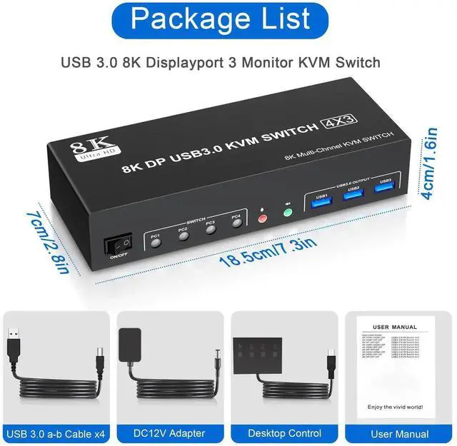 Alt view image 4 of 7 - Vszerda 4-Port DP1.4 Triple Monitor USB3.0 KVM Switch, 8K@60Hz, Audio & Mic, 3 USB3.0 Ports, Black Manual Switch for 4 PCs 3 Displays