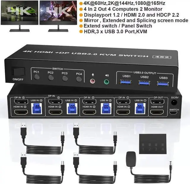 Main image of Vszerda 4-Port HDMI+DP Dual Monitor KVM Switch 4K@60Hz, USB3.0, Audio & Mic, 3 USB Ports, Wired Remote