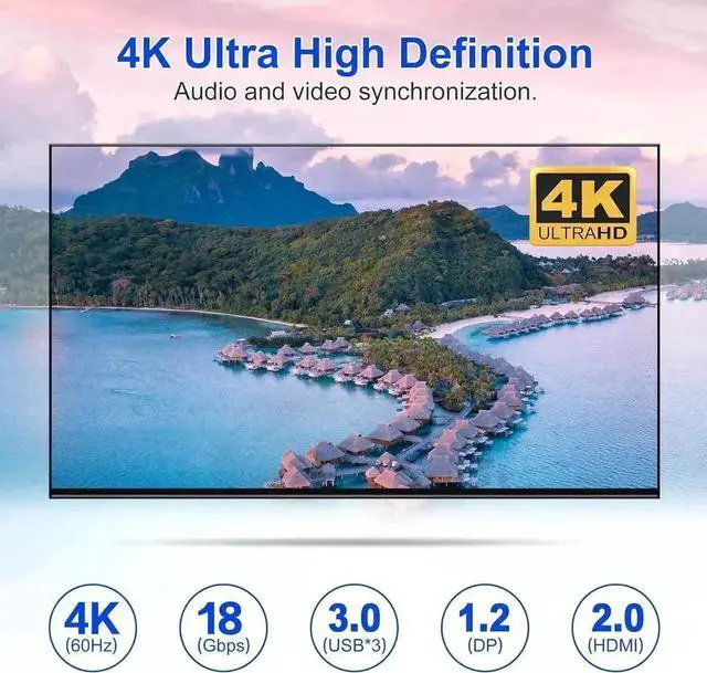 Alt view image 2 of 7 - Vszerda 4-Port HDMI+DP Dual Monitor KVM Switch 4K@60Hz, USB3.0, Audio & Mic, 3 USB Ports, Wired Remote