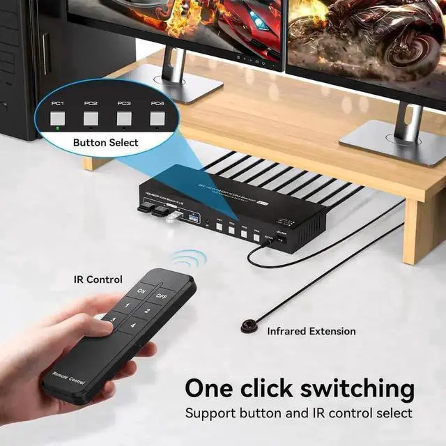 Alt view image 5 of 7 - Vszerda 4-Port HDMI2.1+DP1.4 Dual Monitor KVM Switch 8K@60Hz, 4 USB3.0 Ports, 4 USB Cables Included