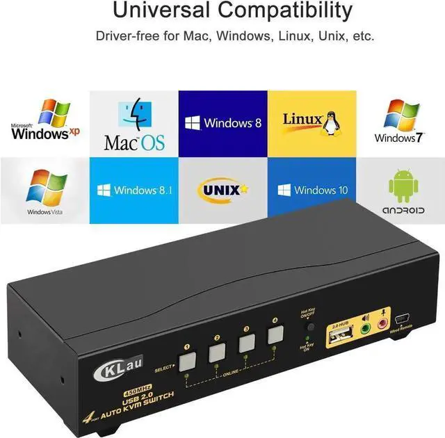 Alt view image 2 of 7 - Vszerda 4-Port 450MHz Auto VGA USB KVM Switch with Audio & Cables, Multi-PC Monitor Selector Compatible with Windows, Linux, Mac, Debian, Ubuntu, Fedora, Raspbian