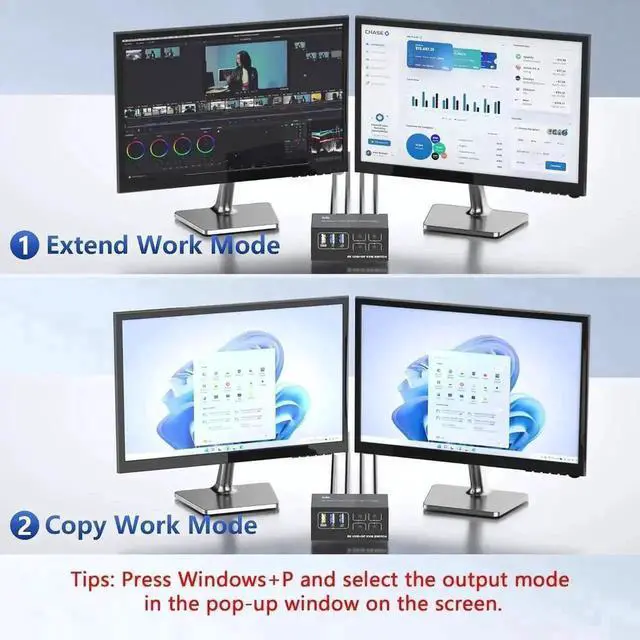 Alt view image 7 of 7 - Vszerda 4-Port HDMI+DP Dual Monitor KVM Switch, 8K@60Hz 4K@120Hz, USB3.0, Desktop Controller Included