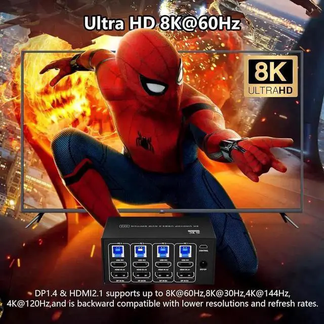 Alt view image 3 of 7 - Vszerda 4-Port HDMI+DP Dual Monitor KVM Switch, 8K@60Hz 4K@120Hz, USB3.0, Desktop Controller Included