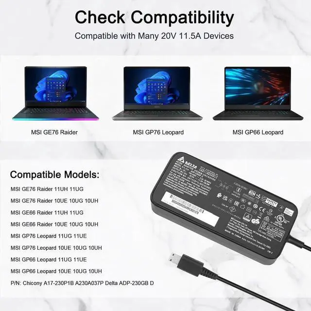 Alt view image 3 of 7 - Vszerda 230W 240W USB Tip Laptop Charger 20V 11.5A/12A Power Cord Adapter, Replacement for MSI GE76 GE66 Raider GP76 GP66 Leopard Gaming Laptops