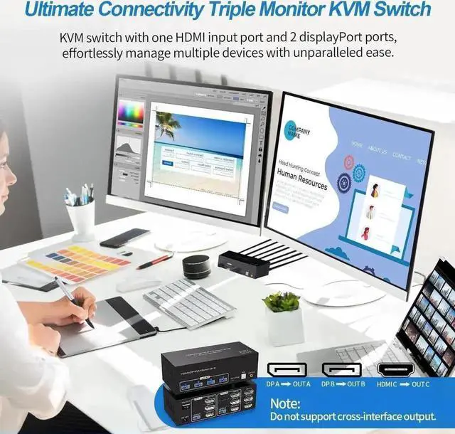 Alt view image 2 of 7 - Vszerda 2 Port Triple Monitor 1HDMI+2DP KVM Switch, 8K@60Hz 4K@120Hz USB3.0 KVM Switcher for 2 PCs Share 3 Displays & 4 USB Devices, Support Extend & Mirror Mode