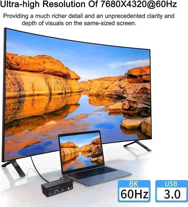 Alt view image 5 of 7 - Vszerda 2 Port Triple Monitor 1HDMI+2DP KVM Switch, 8K@60Hz 4K@120Hz USB3.0 KVM Switcher for 2 PCs Share 3 Displays & 4 USB Devices, Support Extend & Mirror Mode