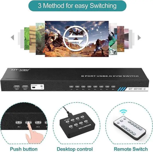 Alt view image 3 of 7 - Vszerda 8-Port Rack Mount HDMI KVM Switch 8 In 1 Out, 4K@30Hz, 4 USB2.0 Hub with KVM Cables, IR Remote & Desktop Controller
