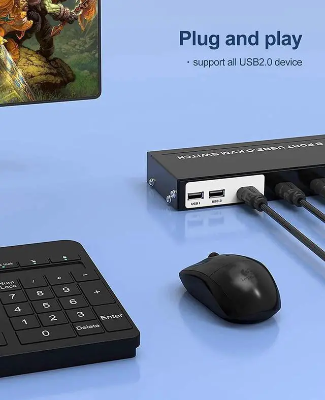 Alt view image 7 of 7 - Vszerda 8-Port Rack Mount HDMI KVM Switch 8 In 1 Out, 4K@30Hz, 4 USB2.0 Hub with KVM Cables, IR Remote & Desktop Controller