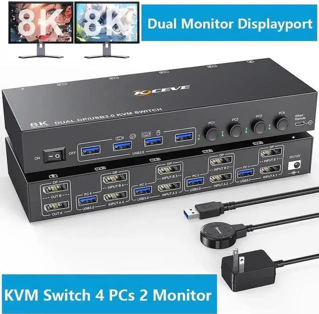 Main image of Vszerda 4-Port Dual DP KVM Switch 4 In 2 Out, 8K@30Hz, USB3.0, Wired Remote & USB Cables Included