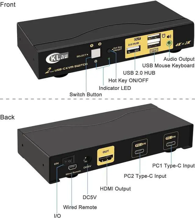 Alt view image 4 of 7 - Vszerda 2 Port USB-C KVM Switch 4K@60Hz with Audio, USB Type-C KVM Switcher for 2 PCs/Mac/Mobile Share Single Monitor Keyboard Mouse, Cross OS Compatible