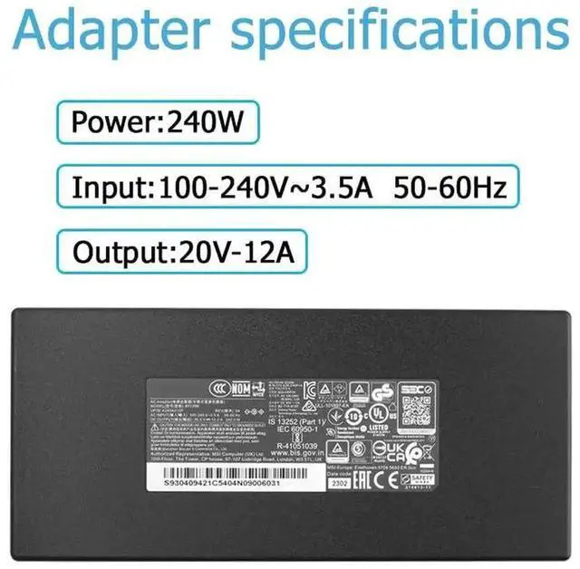 Alt view image 3 of 7 - Vszerda 240W 20V 12A AC Charger Replacement PN A20-240P2A S93-0409420-C54 4.5×3.0mm Tip for MSI Katana GF66 MS-1583, Pulse GL66 MS-1581 MS-1582, GL76 MS-17L3, Stealth GS66 12UGS 12UH Gaming Laptops