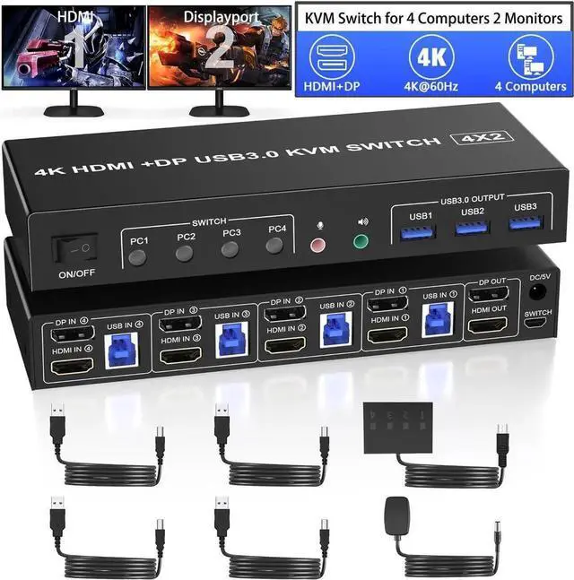 Main image of Vszerda 4 Port Dual Monitor DP+HDMI Hybrid KVM Switch 4K@60Hz USB 3.0, Audio & Mic Jack, 3 USB 3.0 Ports for 4 PCs Share 2 Displays, Keyboard & Headsets