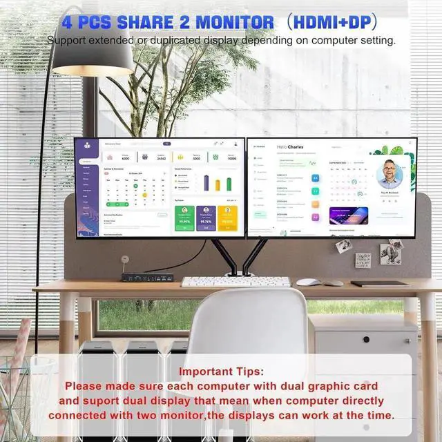 Alt view image 2 of 7 - Vszerda 4 Port Dual Monitor DP+HDMI Hybrid KVM Switch 4K@60Hz USB 3.0, Audio & Mic Jack, 3 USB 3.0 Ports for 4 PCs Share 2 Displays, Keyboard & Headsets