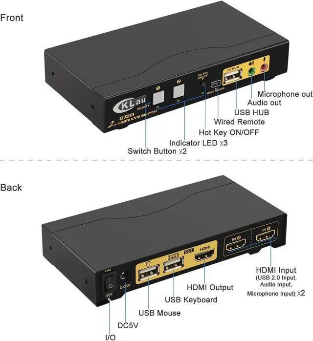 Alt view image 4 of 6 - Vszerda CKLau 2 Port HDMI 2.0 KVM Switch 4K@60Hz HDR10 EDID, 2 PCs Share Monitor Keyboard Mouse USB 2.0 Devices, With Audio & Cables