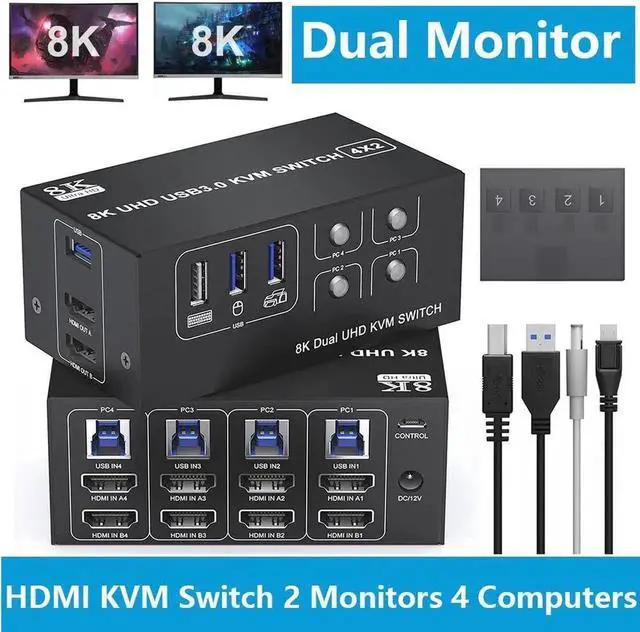 Main image of 4 Port Dual Monitor 8K HDMI KVM Switch with 3 USB 3.0 Ports, Wired Remote & Power Adapter, Mirror & Extended Display Modes, Compatible with Windows/Vista/XP/Mac OS/Linux for 4 PCs Share 2 Monitors