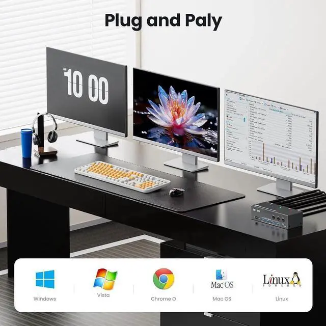 Alt view image 7 of 7 - Vszerda 3 PCs Triple Monitor 1HDMI+2DP Hybrid KVM Switch, HDMI 8K@60Hz 4K@120Hz, DP 8K@30Hz 4K@144Hz, 4 USB 3.0 Ports, Wired Remote & 3 USB Cables Included for 3 Hosts Share 3 Displays