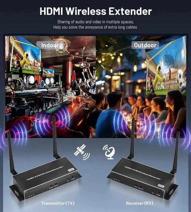Alt view image 2 of 7 - Vszerda 5.8G Wireless HDMI Extender Transmitter Receiver Kit, 1080P with KVM, IR Remote & HDMI Loop Out, Up to 656FT Range for DSLR, Laptops, Church & Office