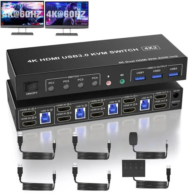 Main image of Vszerda 4 Port Dual Monitor HDMI KVM Switch 4K@60Hz EDID Adaptive, 4 PCs Share 2 Screens, 3 USB 3.0 & Audio Mic Port