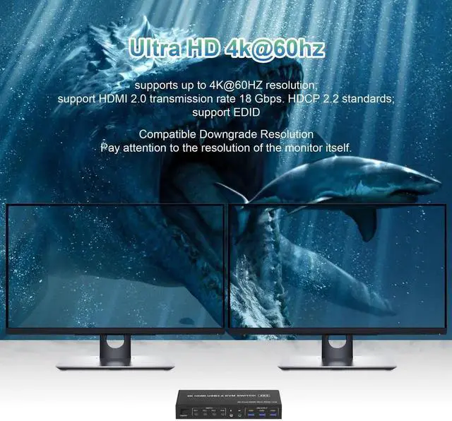 Alt view image 4 of 7 - Vszerda 4 Port Dual Monitor HDMI KVM Switch 4K@60Hz EDID Adaptive, 4 PCs Share 2 Screens, 3 USB 3.0 & Audio Mic Port