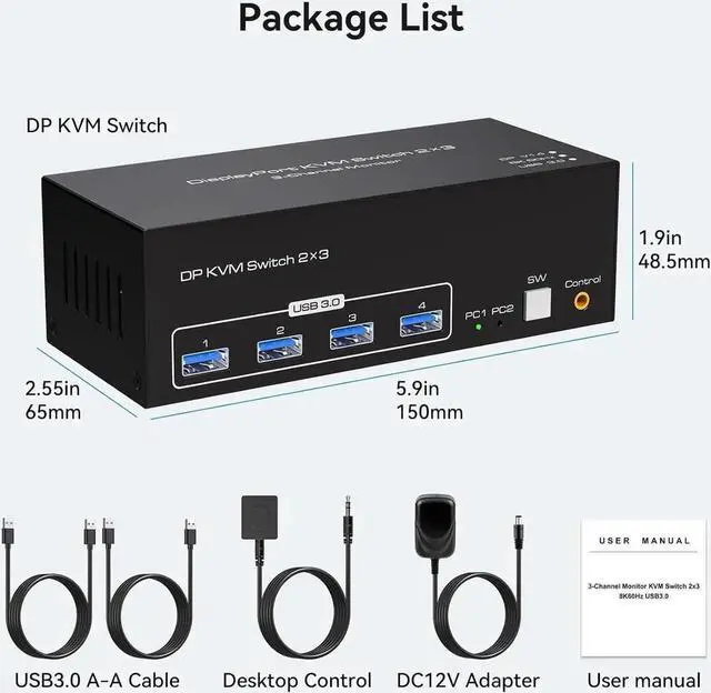Alt view image 2 of 7 - Vszerda 2 PCs Triple Monitor Dual DP KVM Switch 8K@60Hz 4K@120Hz USB 3.0, Support Extended & Duplicate Display Modes, 4 USB 3.0 Sharing Ports for 2 Laptops/PCs Share 3 DP Monitors