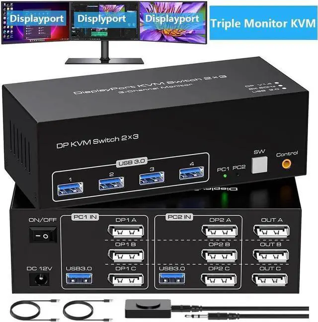 Main image of Vszerda 2 PCs Triple Monitor Dual DP KVM Switch 8K@60Hz 4K@120Hz USB 3.0, Support Extended & Duplicate Display Modes, 4 USB 3.0 Sharing Ports for 2 Laptops/PCs Share 3 DP Monitors