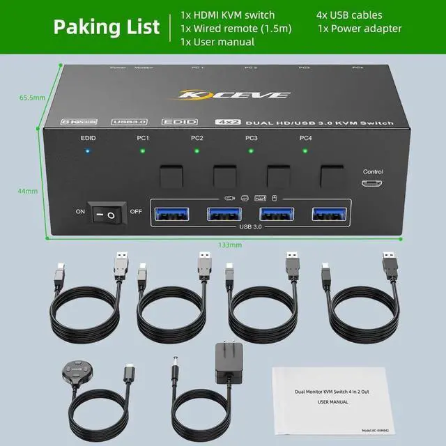 Alt view image 2 of 7 - Vszerda 4 Port 2x2 Dual Monitor HDMI KVM Switch 8K@60Hz 4K@144Hz, USB 3.0 KVM Switch Box with EDID Emulator for 4 PCs Share Dual Monitors Keyboard Mouse, Stable Chip & Wide Compatibility