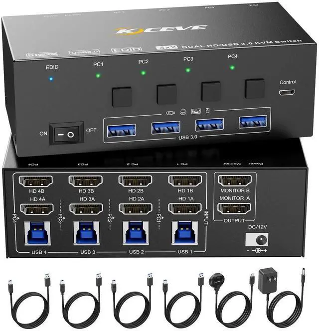 Main image of Vszerda 4 Port 2x2 Dual Monitor HDMI KVM Switch 8K@60Hz 4K@144Hz, USB 3.0 KVM Switch Box with EDID Emulator for 4 PCs Share Dual Monitors Keyboard Mouse, Stable Chip & Wide Compatibility