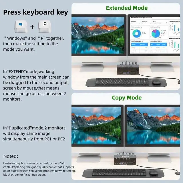Alt view image 7 of 7 - Vszerda 4-Port Dual HDMI KVM Switch 8K@60Hz 4K@144Hz, USB3.0 with EDID Emulator