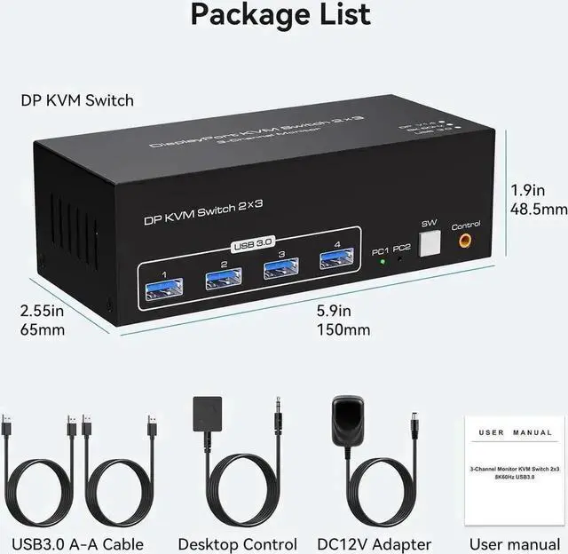 Alt view image 6 of 7 - Vszerda 2-Port Triple DP KVM Switch, 8K@60Hz 4K@120Hz, 4 USB3.0 Ports