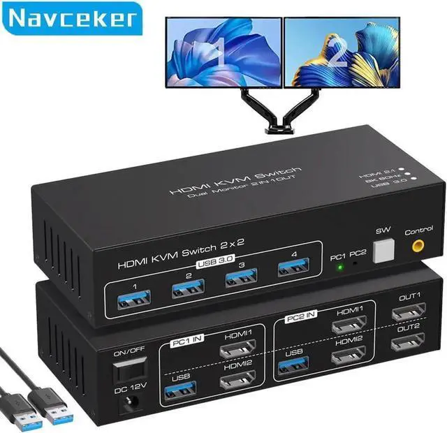 Main image of Vszerda 2 Port Dual Monitor HDMI 2.1 KVM Switch, 8K@60Hz 4K@120Hz, USB 3.0 for 2 PCs Share 2 Displays