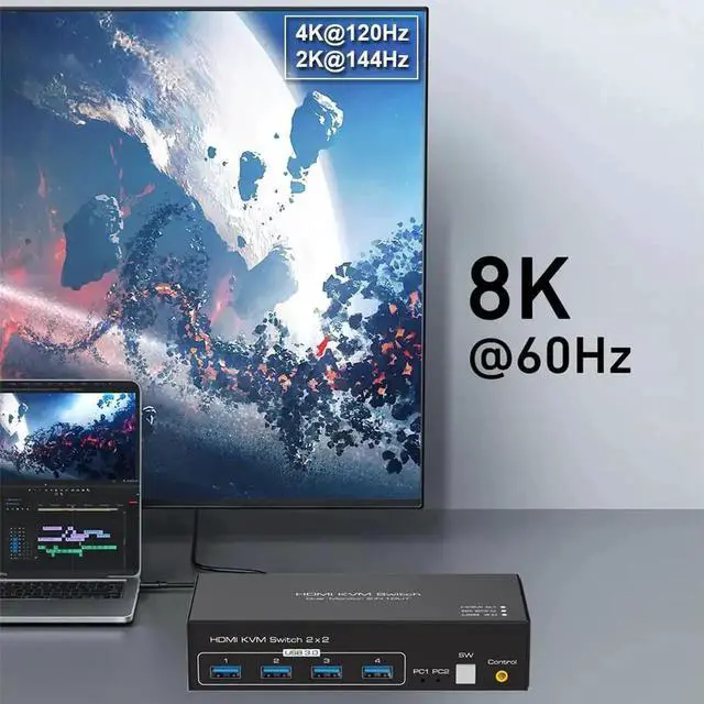 Alt view image 5 of 6 - Vszerda 2 Port Dual Monitor HDMI 2.1 KVM Switch, 8K@60Hz 4K@120Hz, USB 3.0 for 2 PCs Share 2 Displays