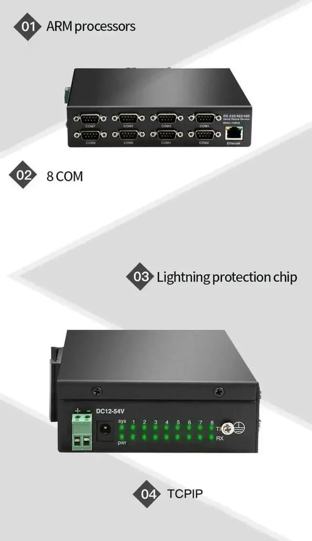 Alt view image 3 of 7 - Vszerda 8 Ports RS232 RS485 RS422 to Ethernet TCP/IP Serial Device Server Modbus Gateway Converter